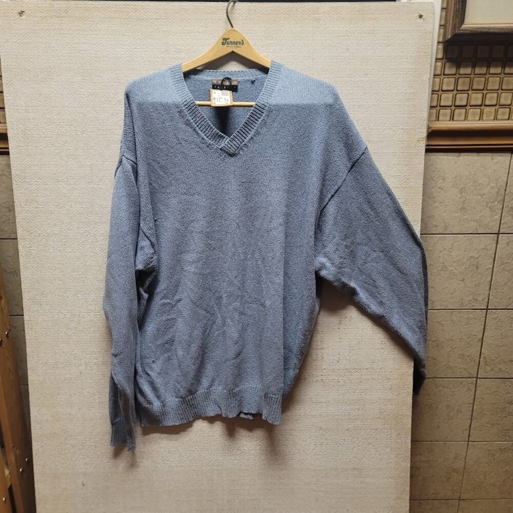 Robert Talbott Size Large Blue Sweater Silk Cotton Blend Mens VNeck Long Sleeve